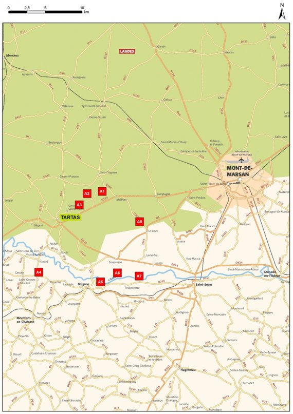 Cartes des arrêts de l'itinéraire dans les vallées de l’Adour et de la Midouze