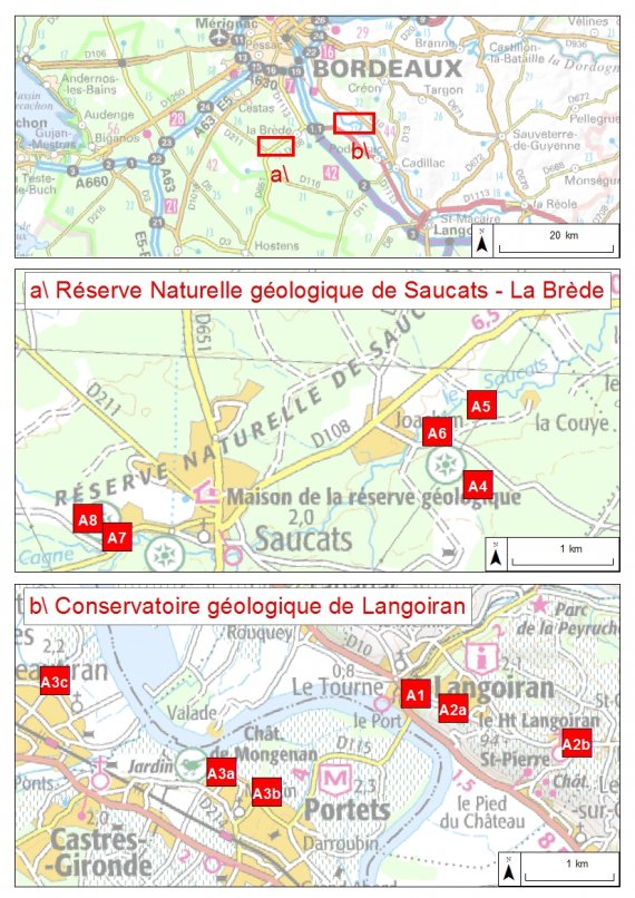 Cartes des arrêts de l'itinéraire dans les secteurs de Langoiran, La Brède et Saucats