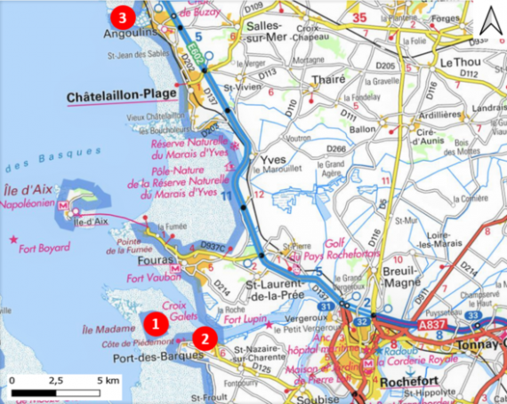 Cartes des arrêts de l'itinéraire sur le littoral Charentais