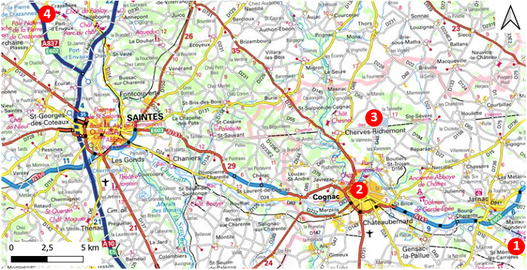 Carte des arrêts de l'itinéraire dans la région de Cognac