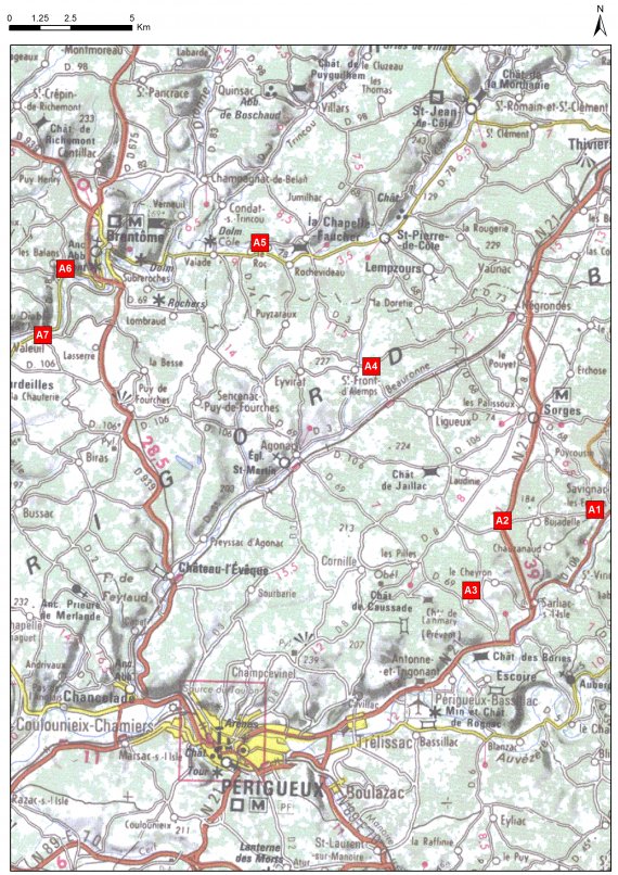 Cartes des arrêts de l'itinéraire du Périgord