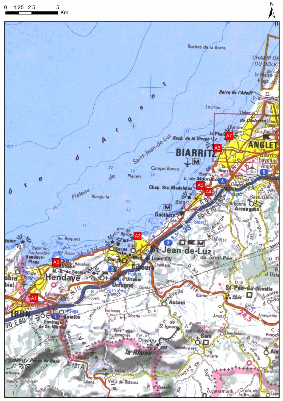 Cartes des arrêts de l'itinéraire de la Côte basque
