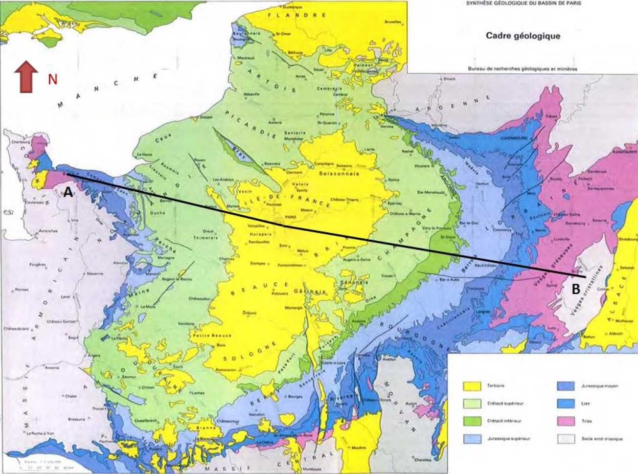 Carte géologique simplifiée du Bassin Parisien (Mégnien C., 1980)