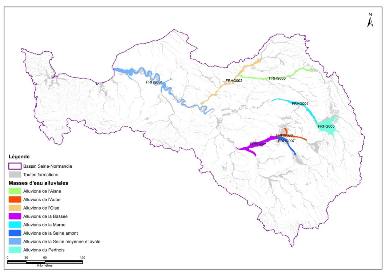 Principales nappes alluviales du bassin Seine-Normandie et codes des masses d’eau associées
