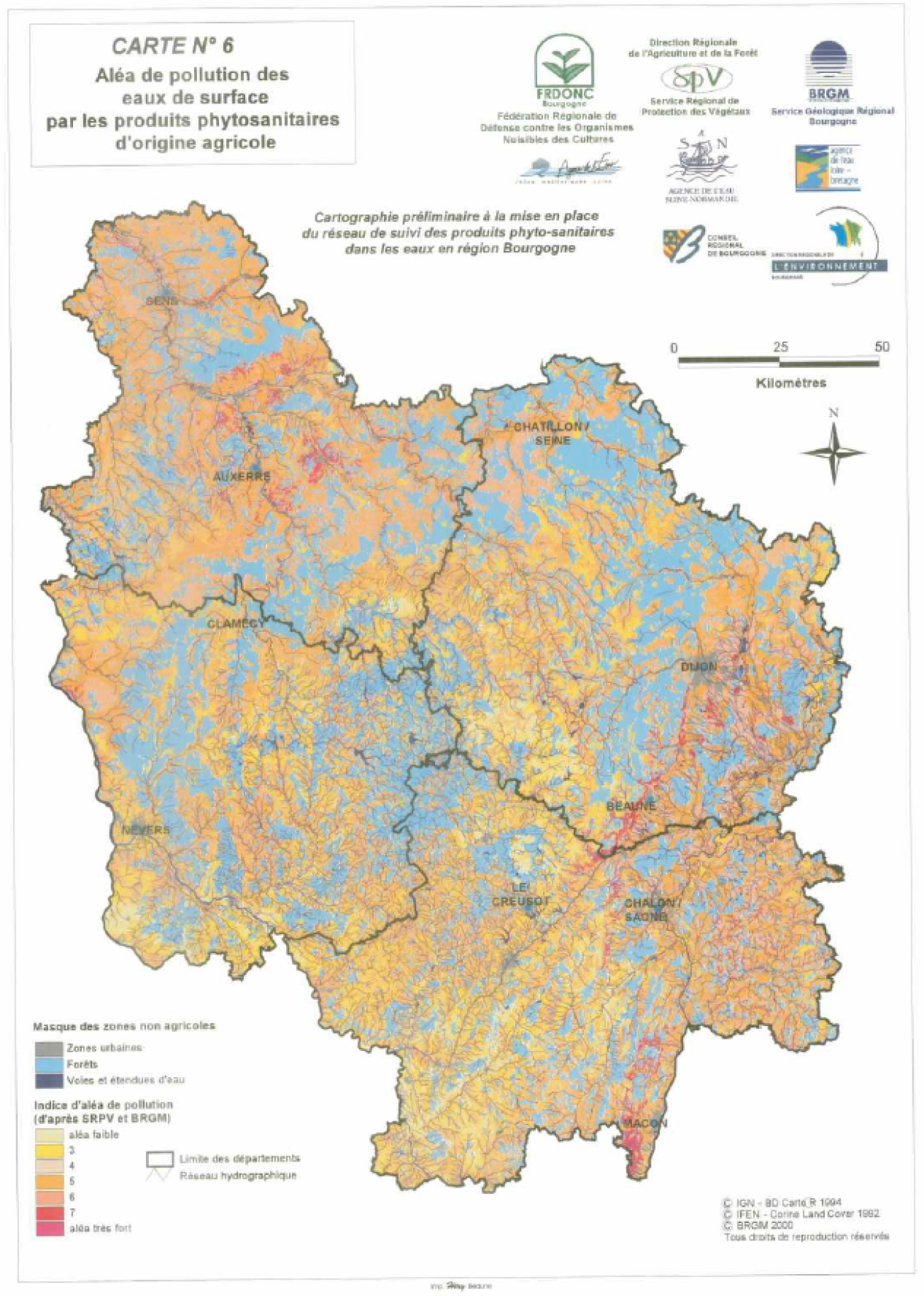 Aléa de pollution des eaux de surface par les produits phytosanitaires d’origine agricole (JAUFFRET.D. et al., 2001)