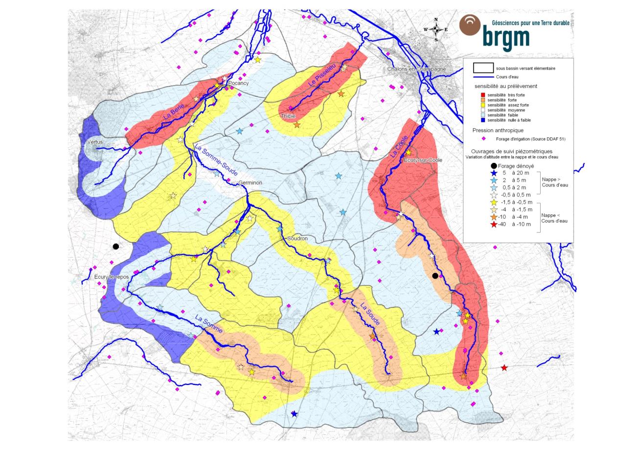 Cartographie interprétative préliminaire de la « sensibilité » au prélèvement d’eau sur les bassins versants Somme-Soude-Coole (51)