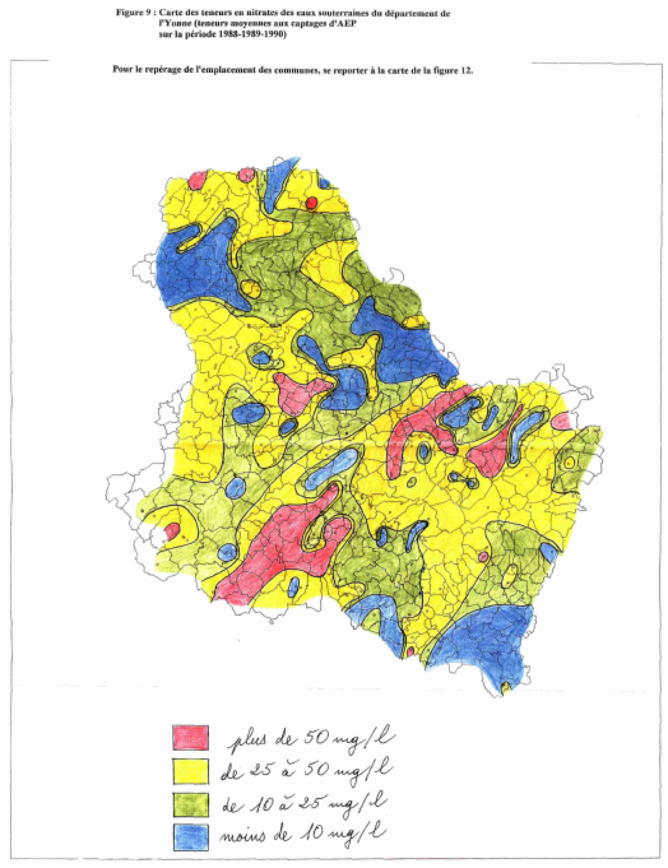 Carte des teneurs en nitrates des eaux souterraines du département de l’Yonne : Teneurs moyennes aux captages AEP sur la période 1988-1989-1990
