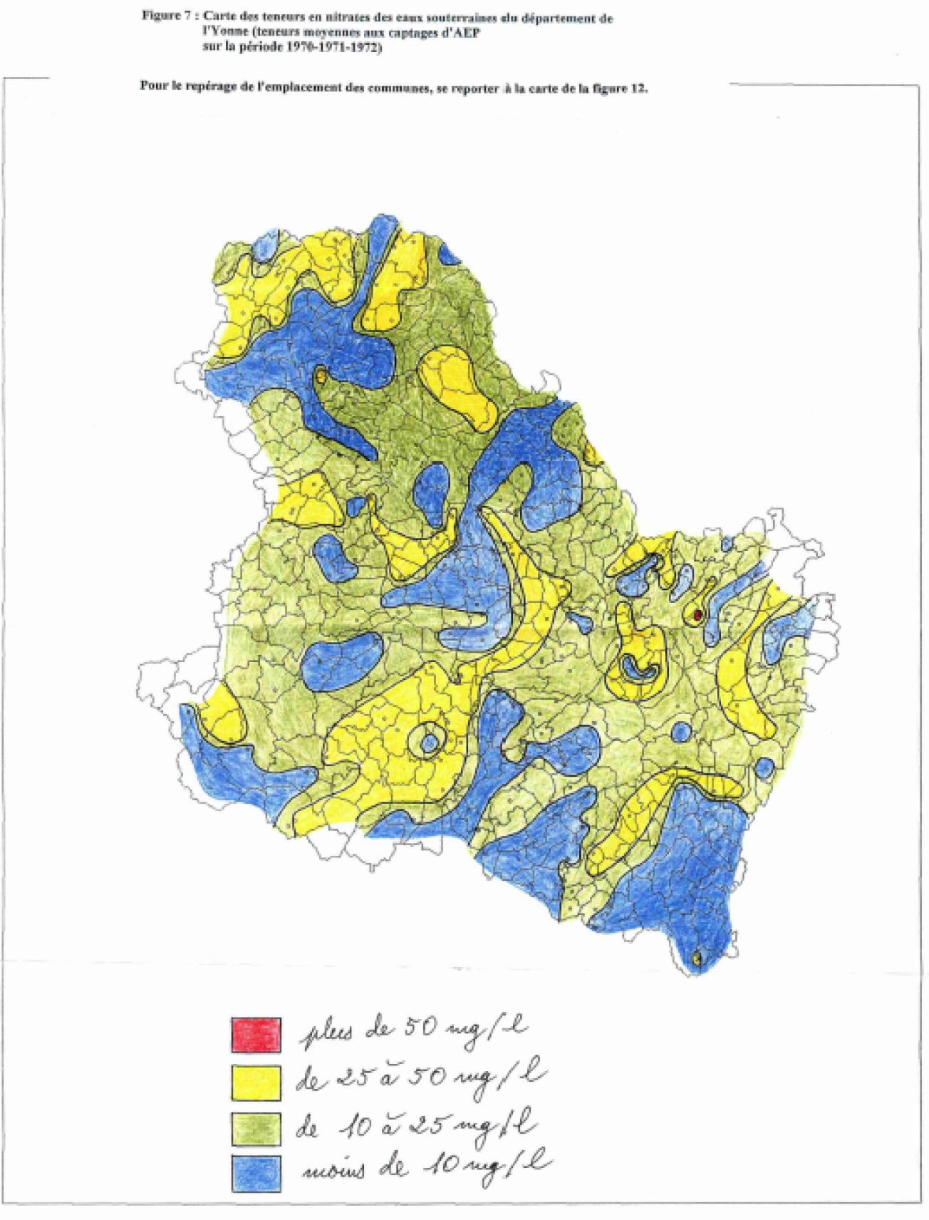 Carte des teneurs en nitrates des eaux souterraines du département de l’Yonne : Teneurs moyennes aux captages AEP sur la période 1970-1971-1972