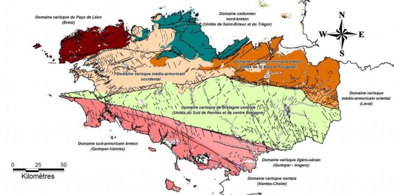 Découpage du Massif Armoricain breton d’après Chantraine et al., 2001, carte géologique à 1:250 000