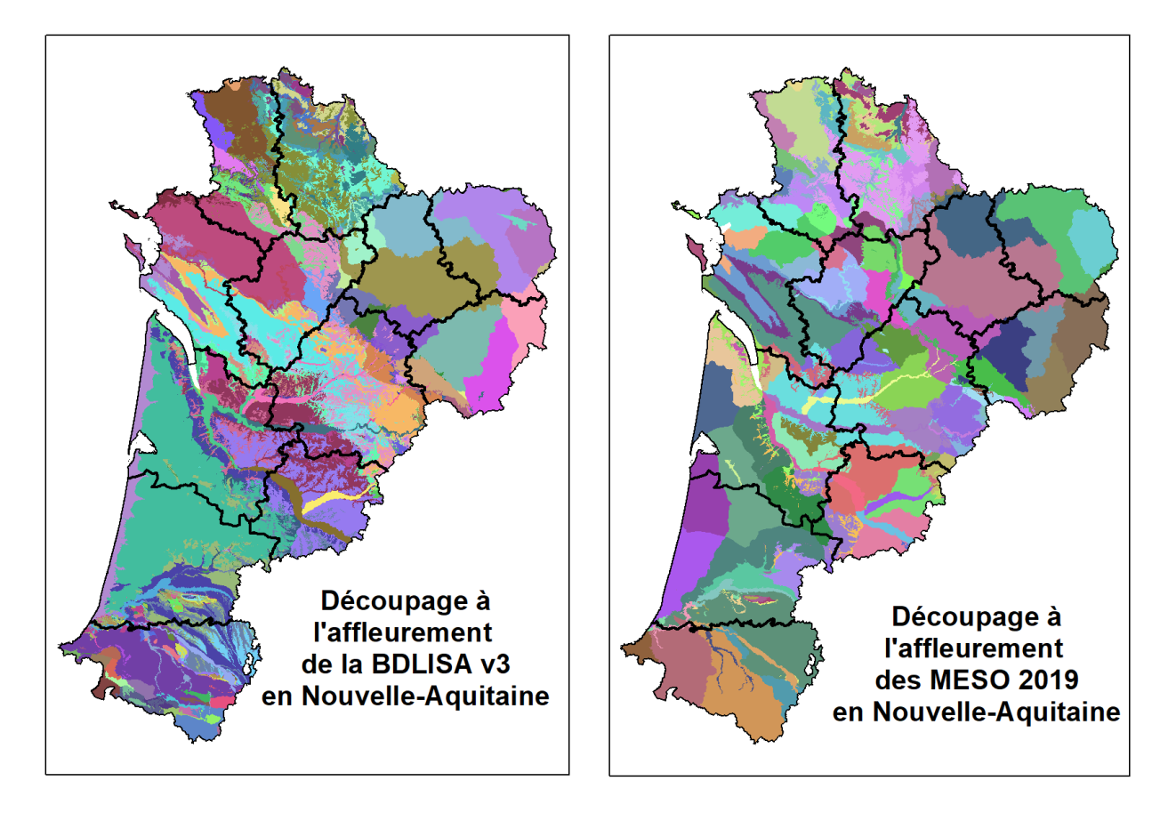 Découpage des entités hydrogéologiques (à gauche) et des masses d’eau souterraines (à droite), en région Nouvelle-Aquitaine