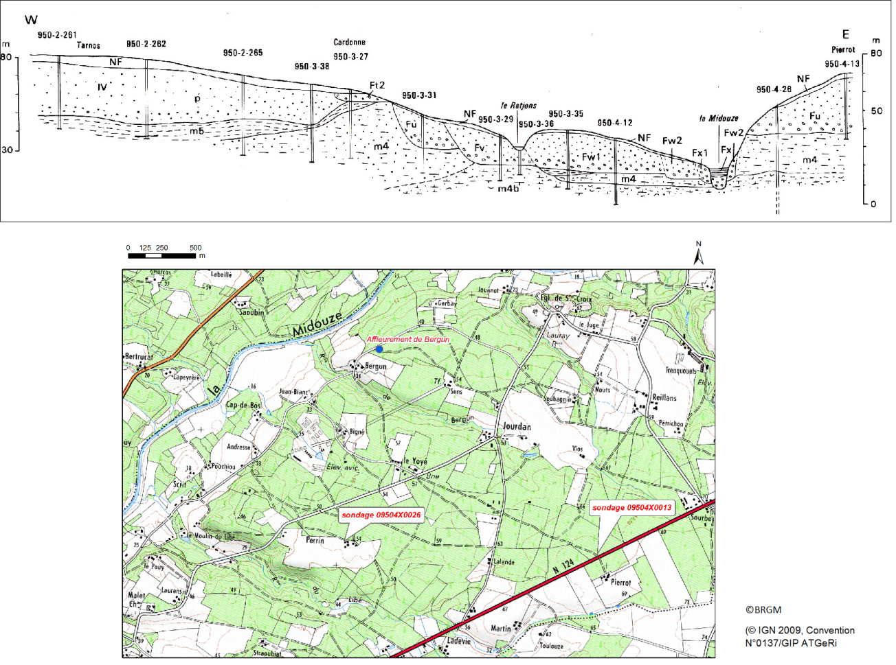 Figure 2 - Etagement des terrasses alluviales de la Midouze, en amont de Tartas (d'après Platel J.P., 1990)