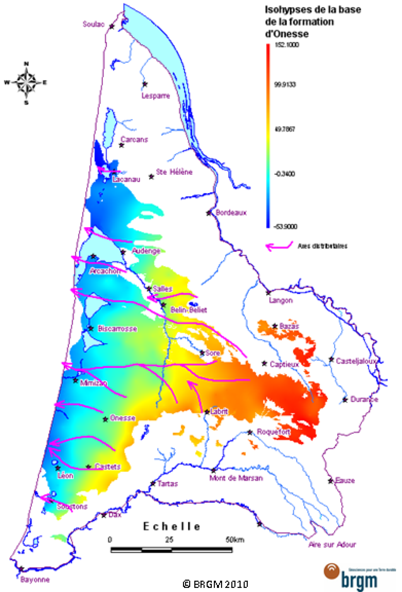 Figure 2 - Isohypses (courbes d'égale altitude) de la base de la formation d'Onesse