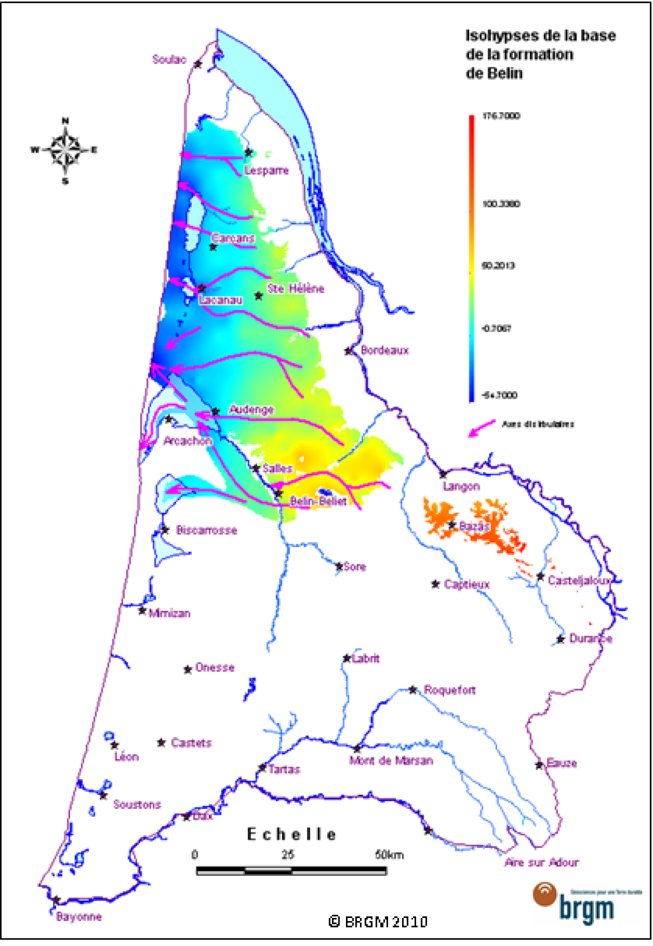 Figure 3 - Isohypses (courbes d'égale altitude) de la base de la formation de Belin