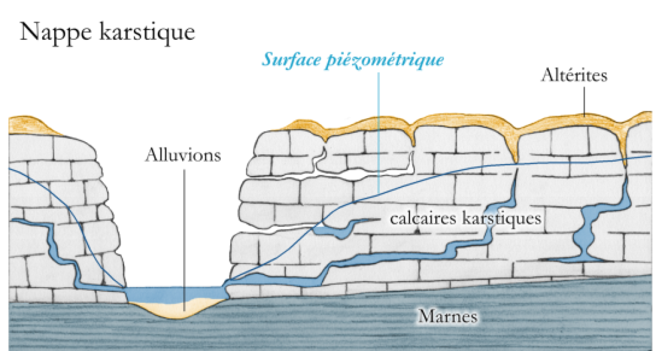 Figure 5 - Schéma théorique montrant le fonctionnement d'un aquifère karstique (©SIGES)