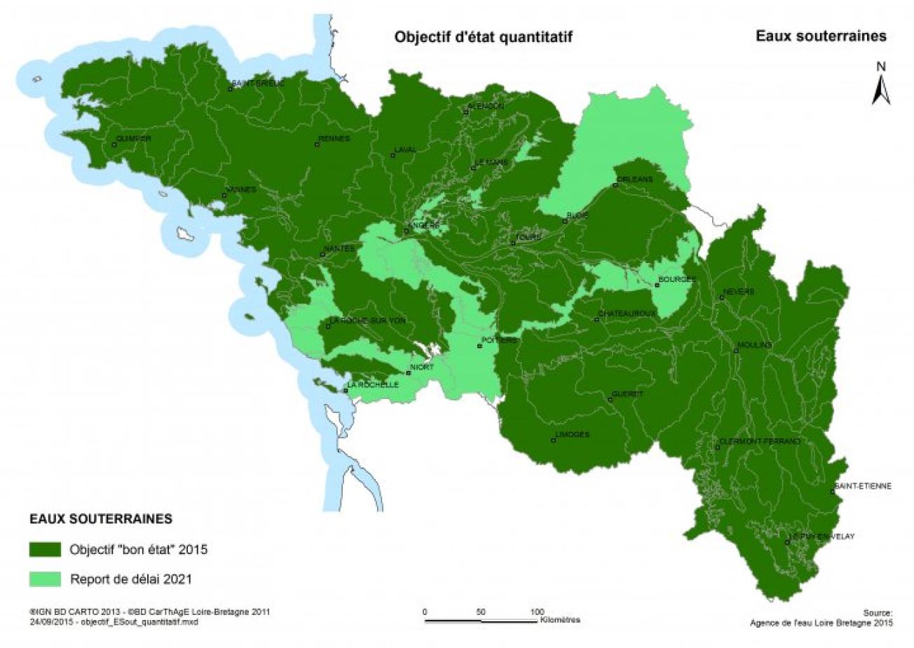 Objectif d’état quantitatif des masses d’eau souterraines du bassin Loire-Bretagne (source : AELB)