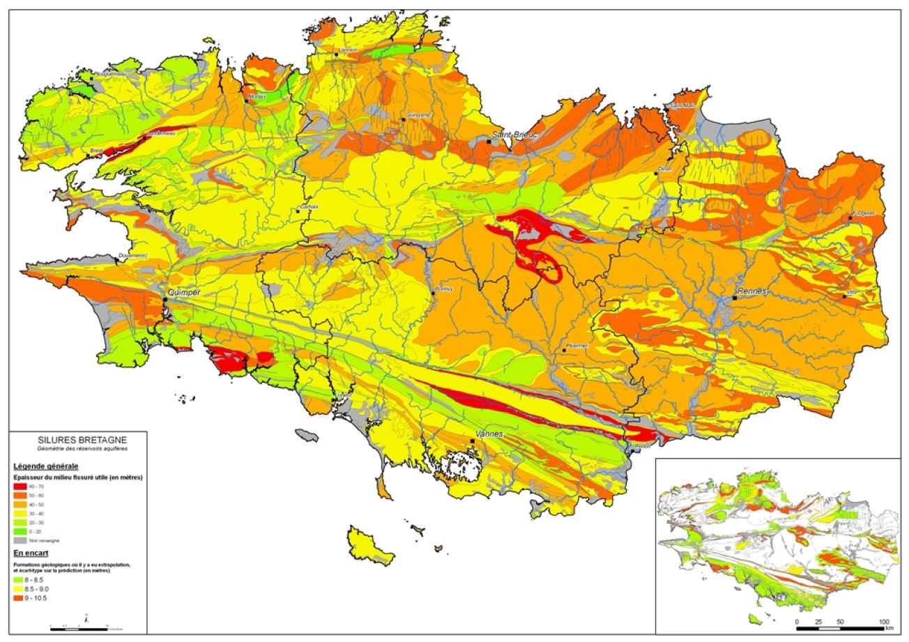 Epaisseur du milieu fissuré utile (en mètres). Echelle : 1/250 000. BRGM, 2008.