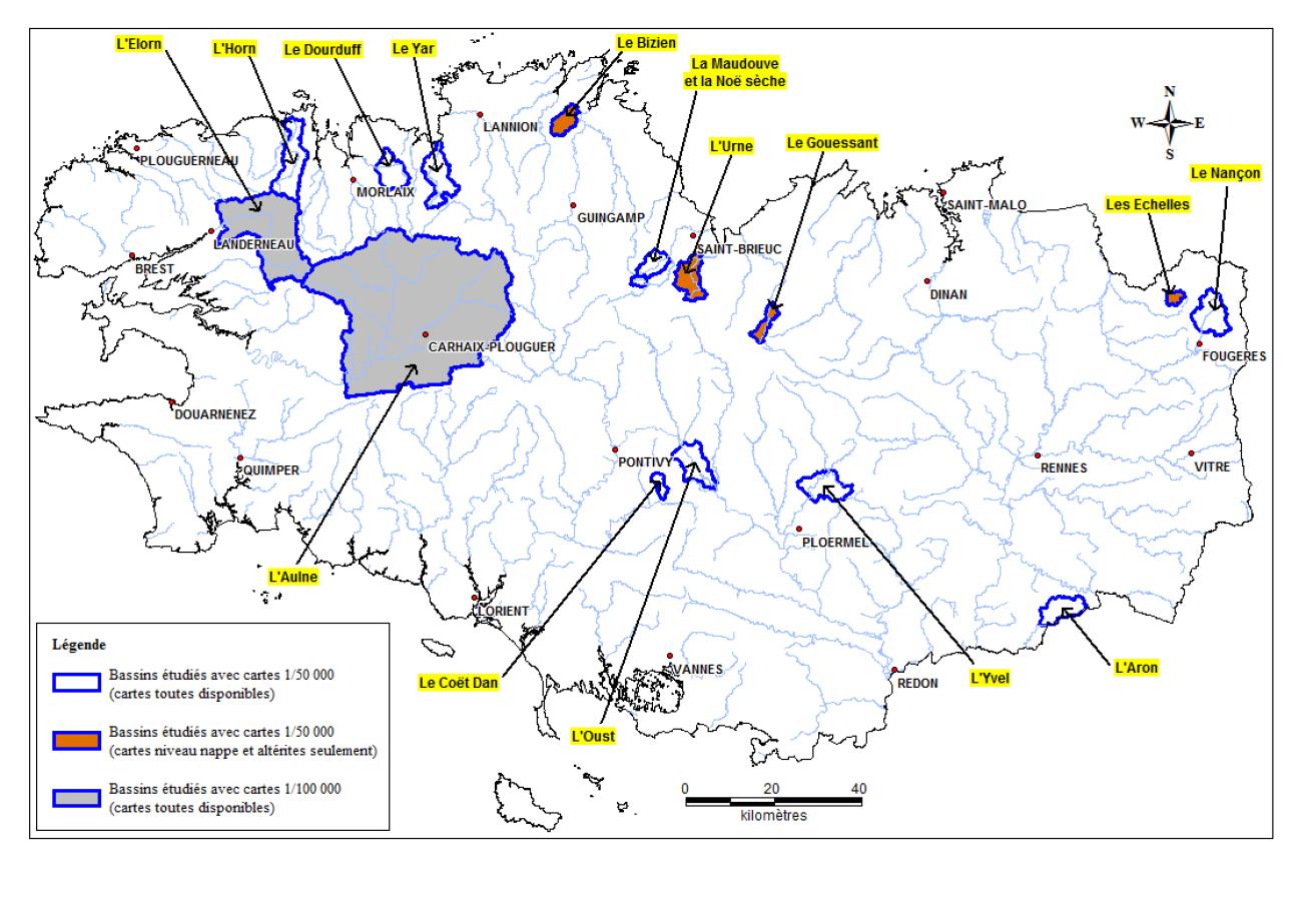 Localisation des 16 bassins versants où des cartographies SILURES Bassins versants ont été réalisées
