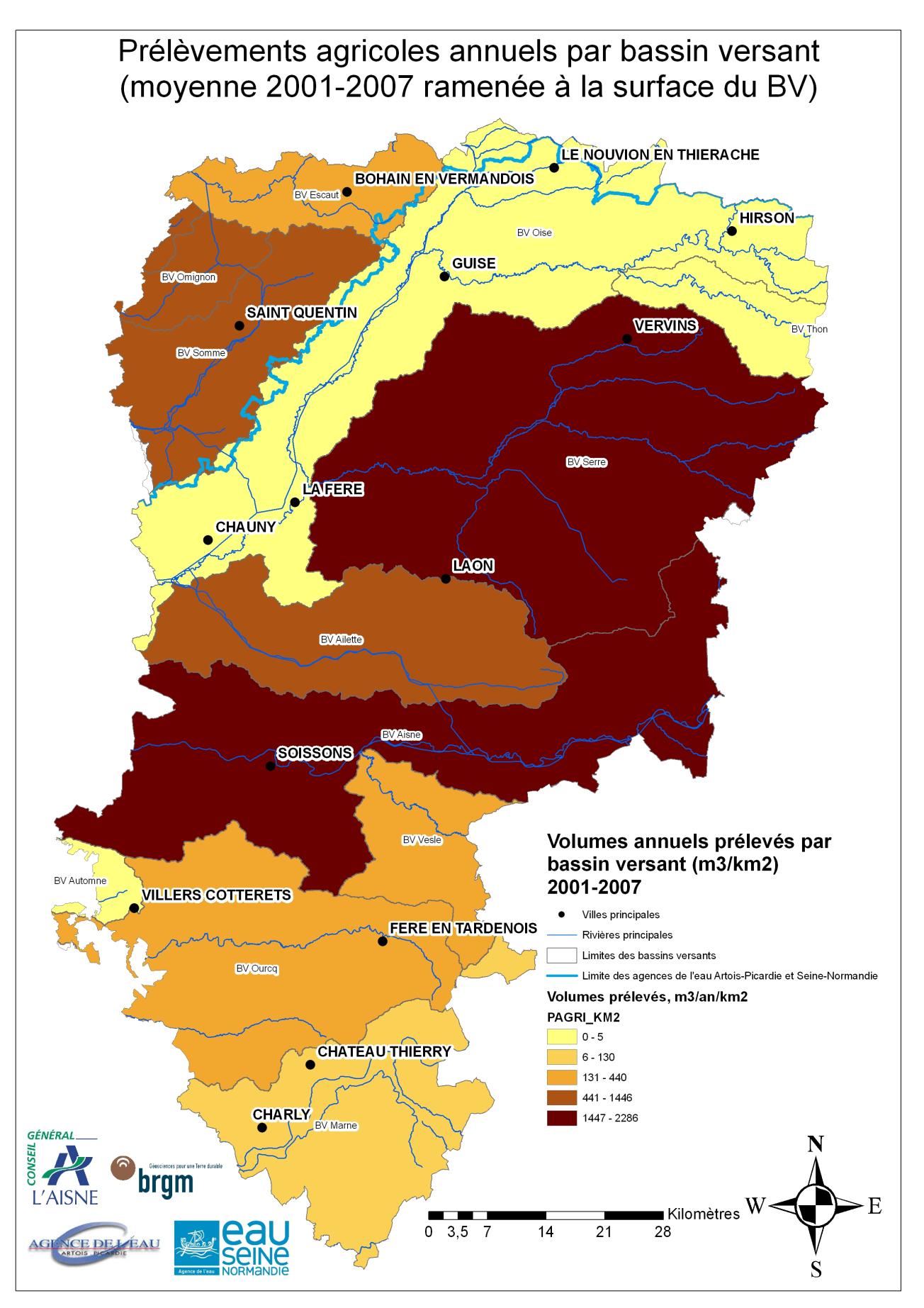 Carte des prélèvements agricoles annuels par bassin versant - Atlas hydrogéologique de l'Aisne - 2009