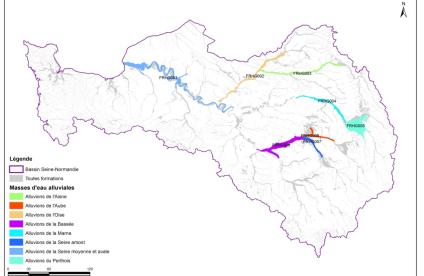 Principales nappes alluviales du bassin Seine-Normandie et codes des masses d’eau associées
