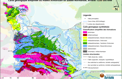 Carte géologique simplifiée du « socle » sur fond de carte géologique au 1/1 000 000e (BRGM)