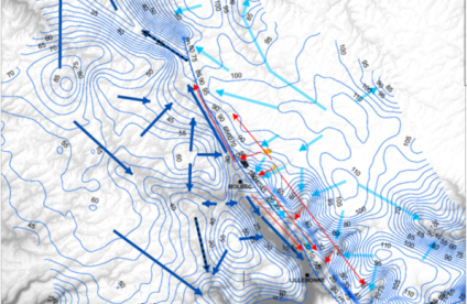 Carte de synthèse simplifiée des directions d’écoulements matricielles, karstiques et fissurales supposées (figure extraite du rapport BRGM/RP-69139-FR)