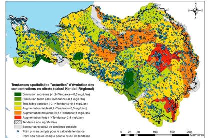 Carte de tendances d’évolution des concentrations en nitrate (Lopez B., 2012 - Baran N., 2012)