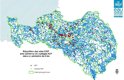 Répartition des sites ICSP dans le Bassin Seine-Normandie avec présence d’un captage AEP à moins de 2 km (AESN, 2012)