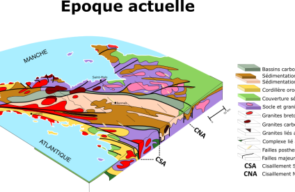 Illustration 4 : Bloc diagramme 3D du Massif Armoricain (modifié, d’après Lajoinie et al., 1986)