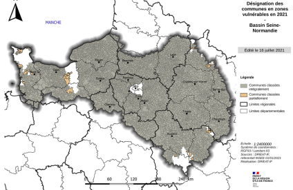 Carte de désignation des communes du bassin Seine-Normandie en zones vulnérables 
