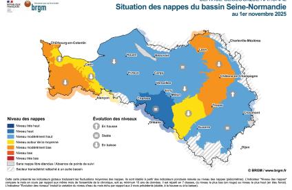 Carte mensuelle de situation des nappes - Bassin Seine-Normandie - 1er novembre 2025