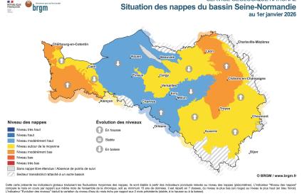 Carte mensuelle de situation des nappes - Bassin Seine-Normandie - 1er janvier 2026