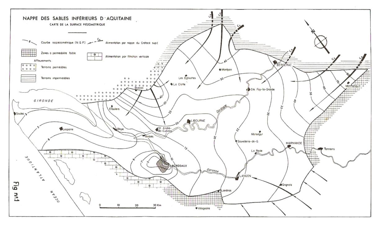 Carte piézométrique des sables inférieurs d'Aquitaine