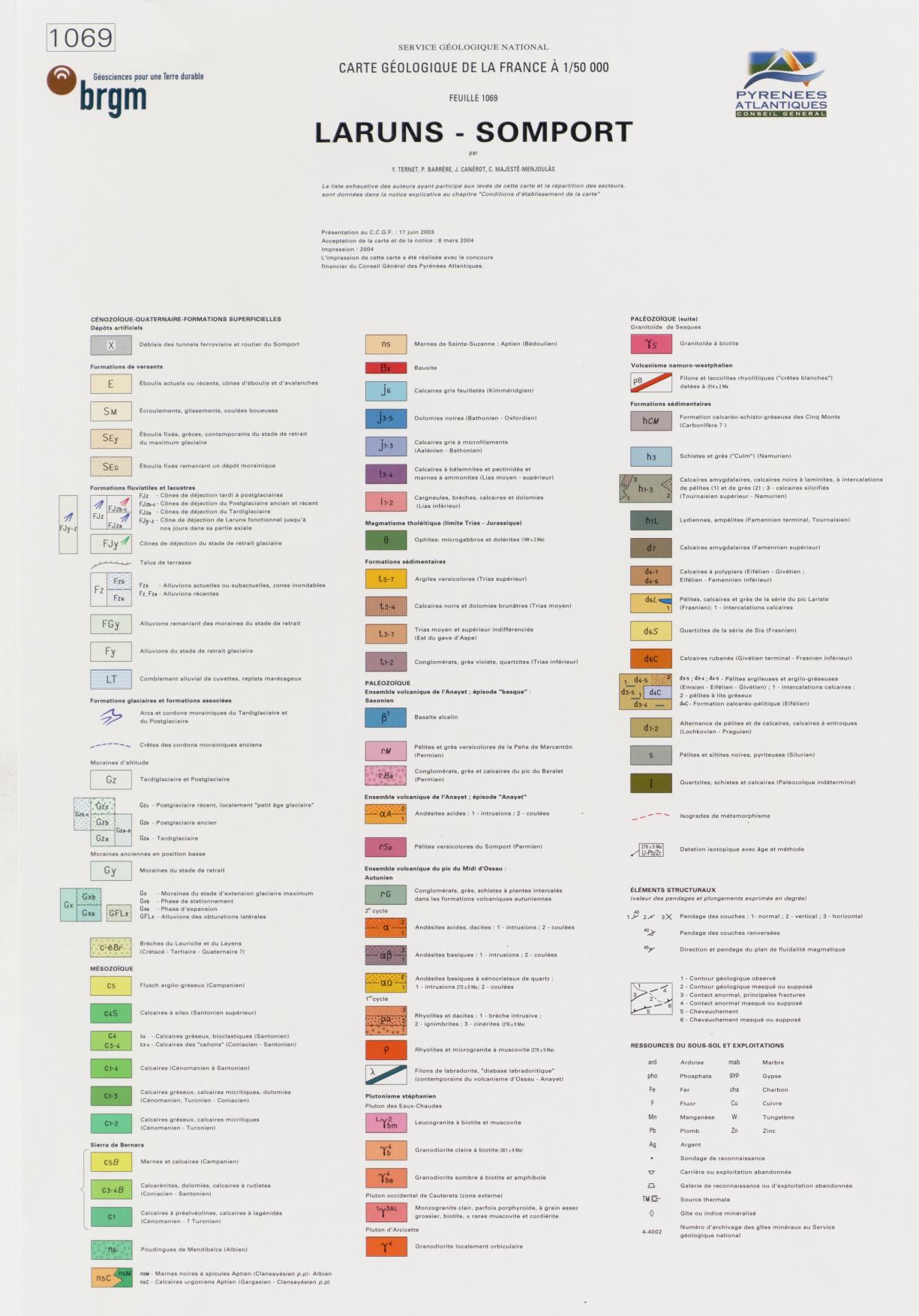 Légende de la carte géologique au 1/50 000 de Laruns-Somport