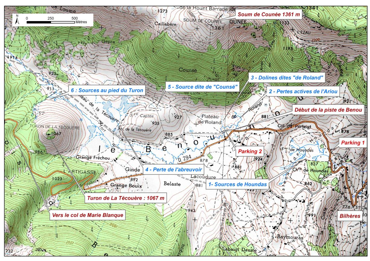 Carte des sites visités et des deux parkings