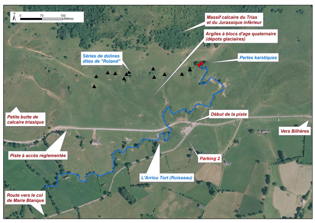 Localisation des affleurements décrits pour le site "Pertes actives de l'Arriou"