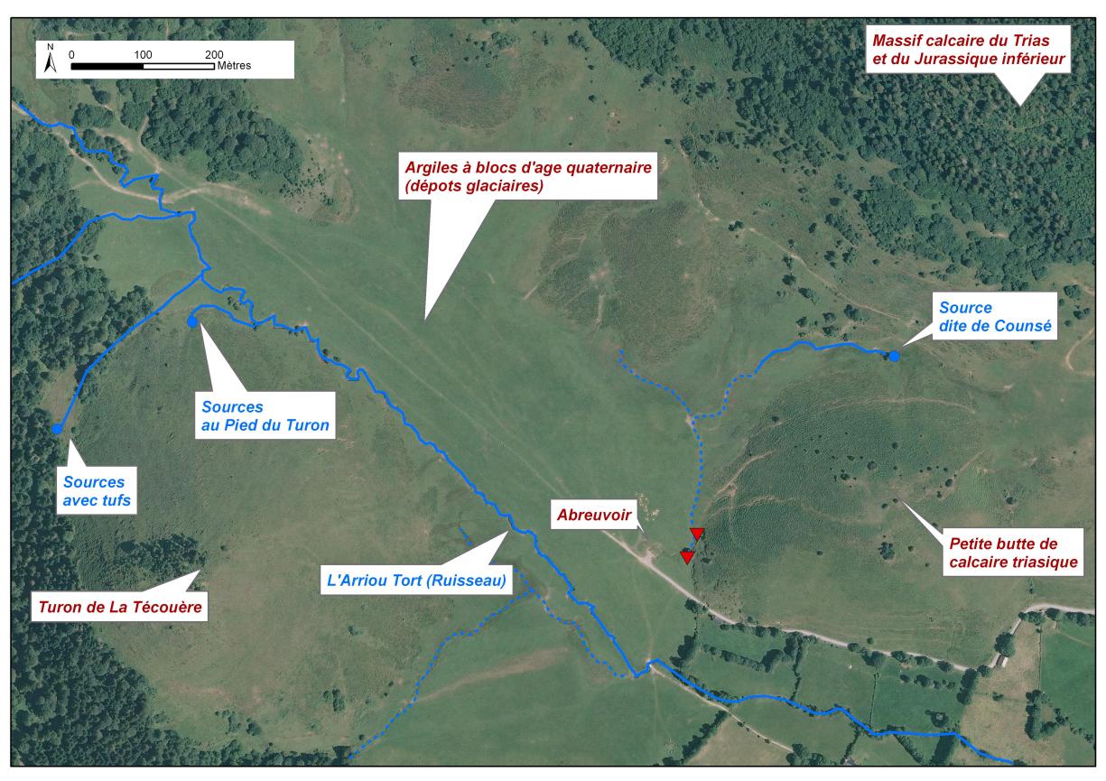 Localisation des affleurements décrits pour le site "Sources de l'Arriou Tort"