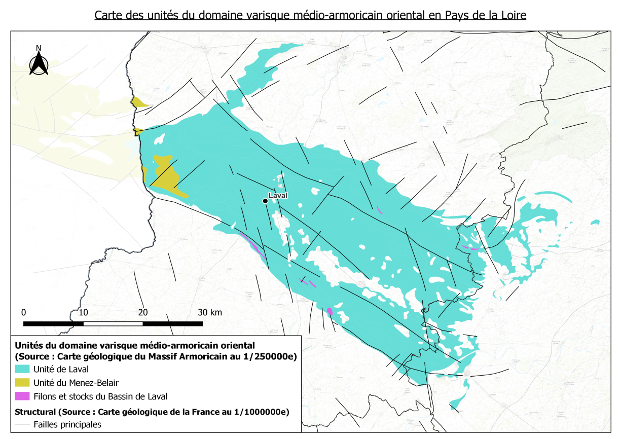Carte des unités du domaine varisque médio-armoricain oriental en Pays de la Loire
