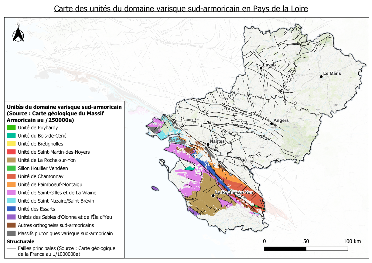 Carte des unités du domaine varisque sud-armoricain en Pays de la Loire