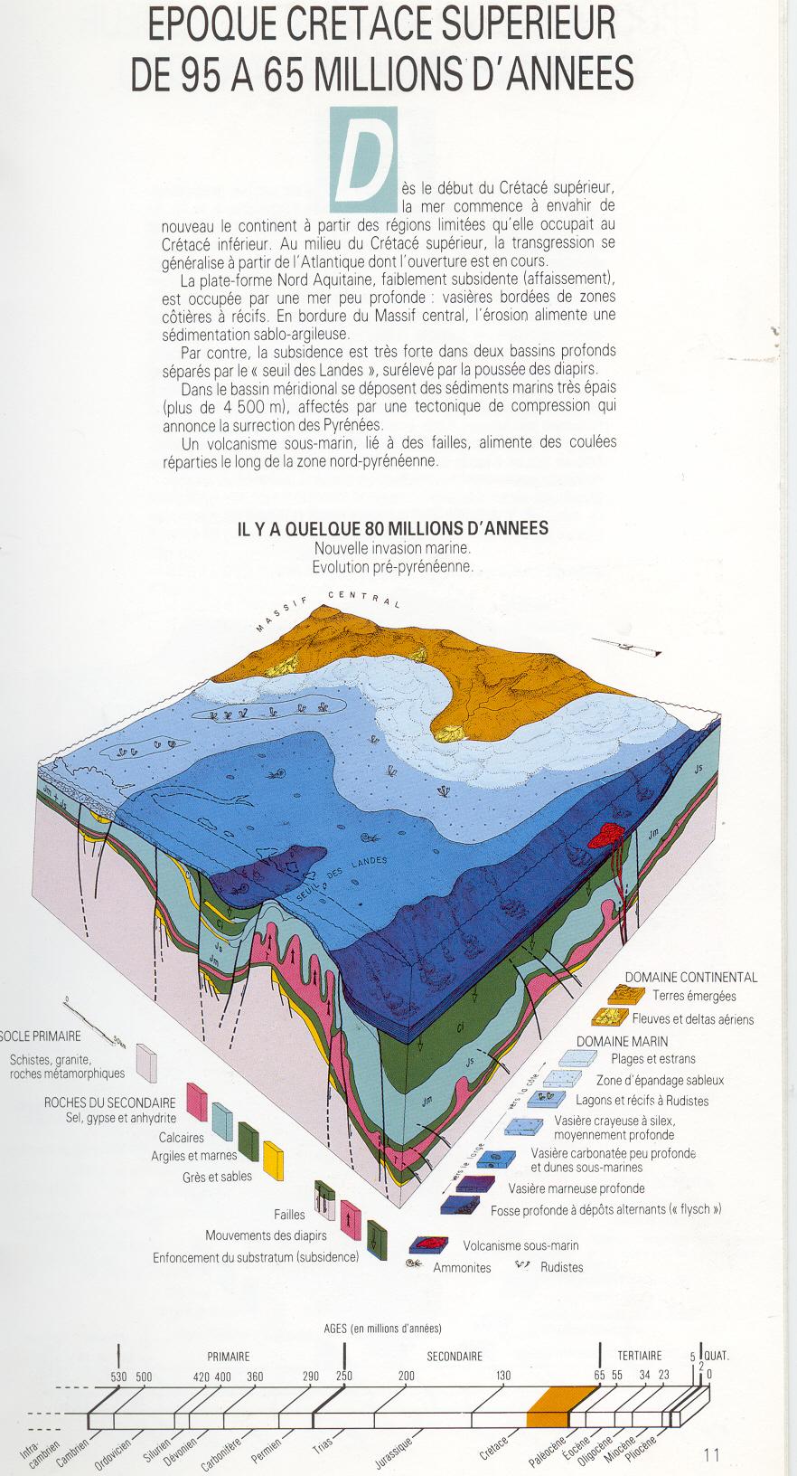 Bloc diagramme de l'époque du Crétacé supérieur de 95 à 65 millions d'années
