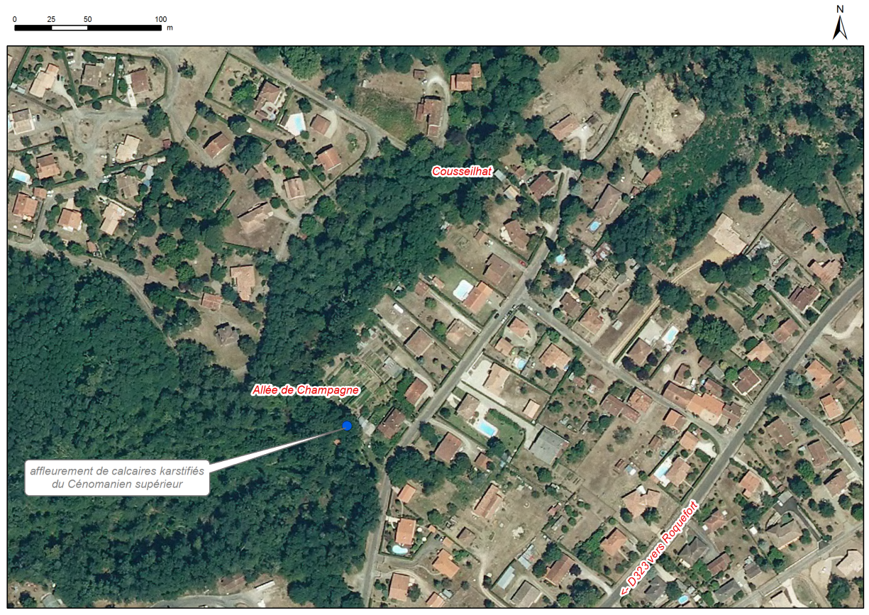 Localisation des affleurements décrits pour le site "Falaise Estampon" (commune de Roquefort)