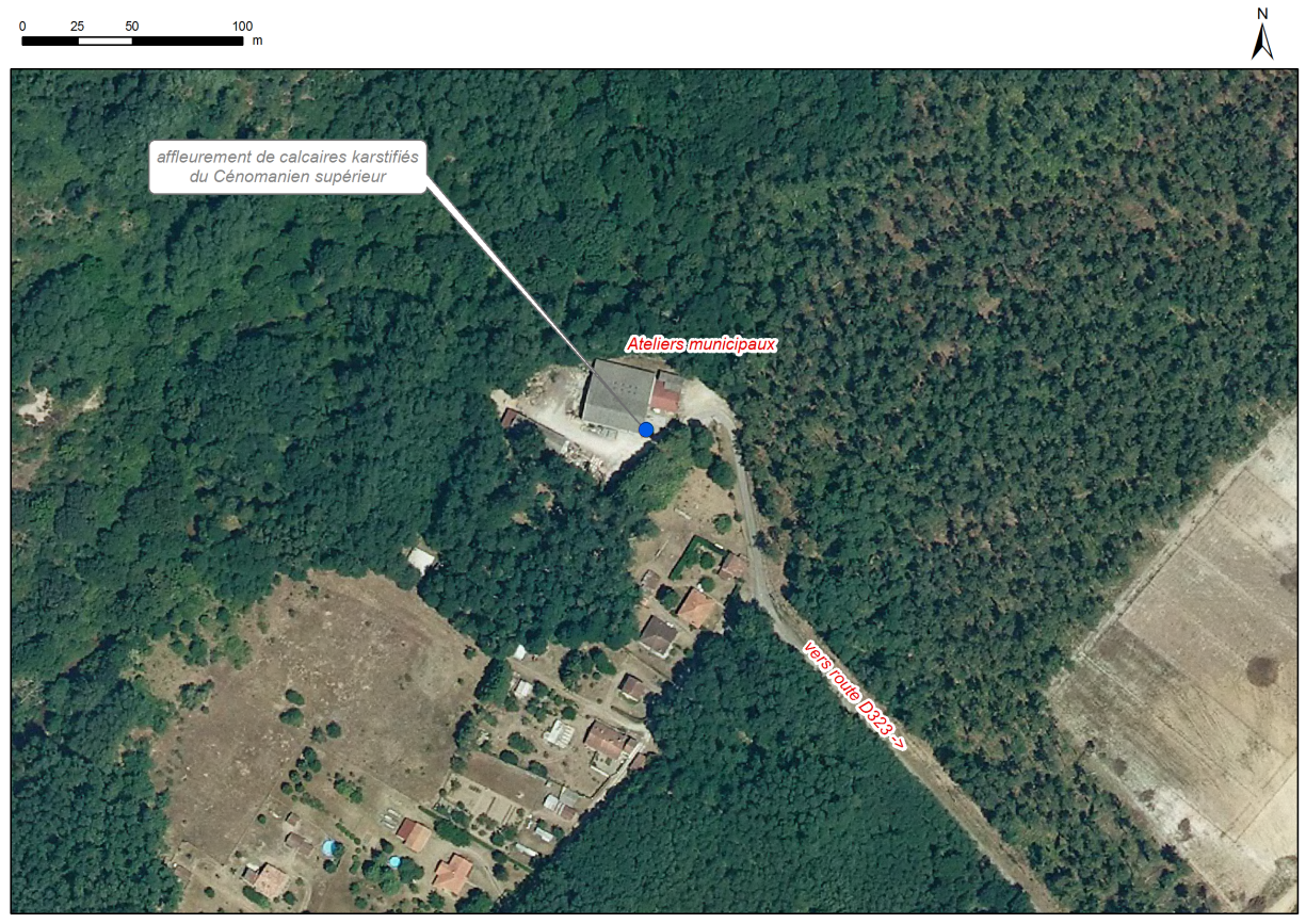 Localisation des affleurements décrits pour le site "Berge Estampon" (commune de Roquefort)