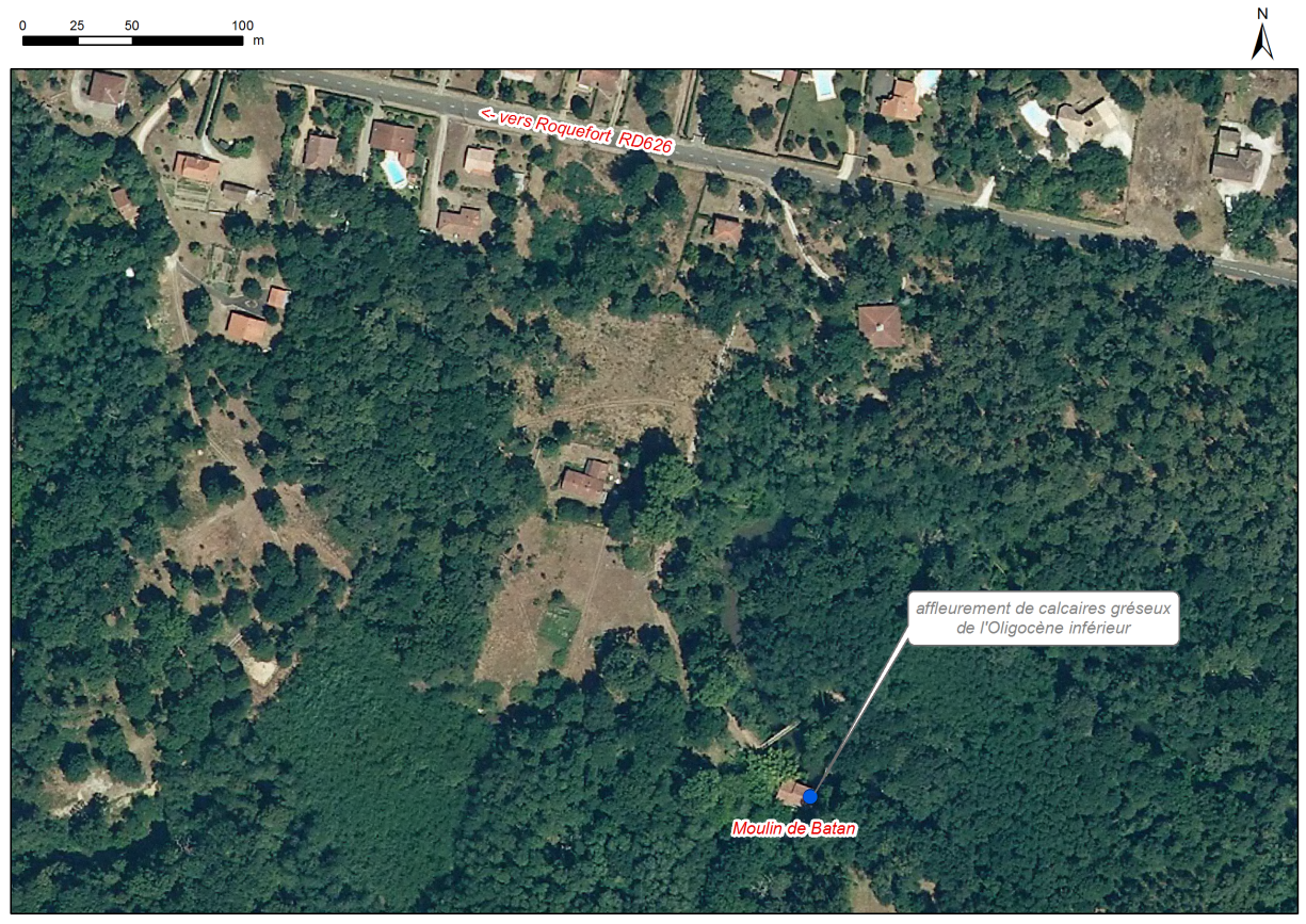 Localisation des affleurements décrits pour le site "Falaise Moulin Batan" (commune de Sarbazan)