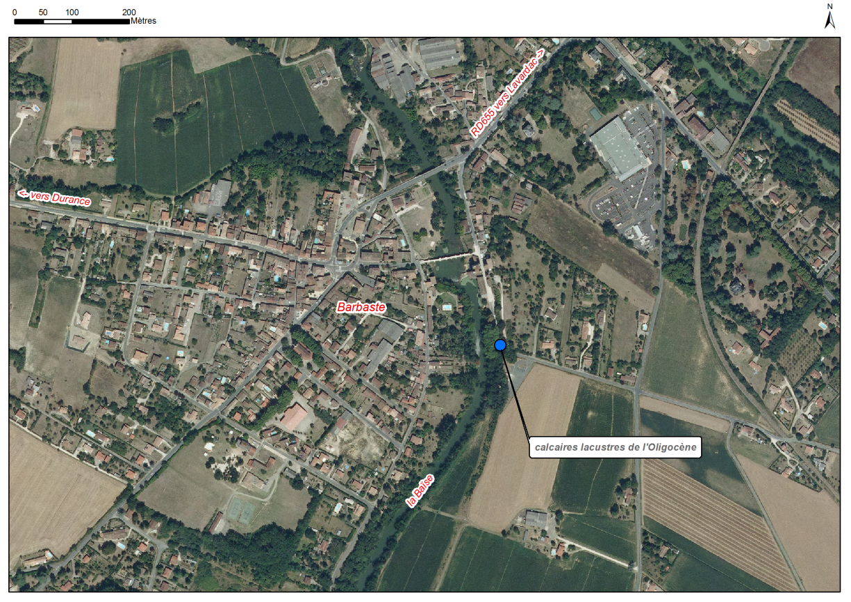 Localisation des affleurements décrits pour le site "Affleurement du moulin des tours" (commune de Barbaste)