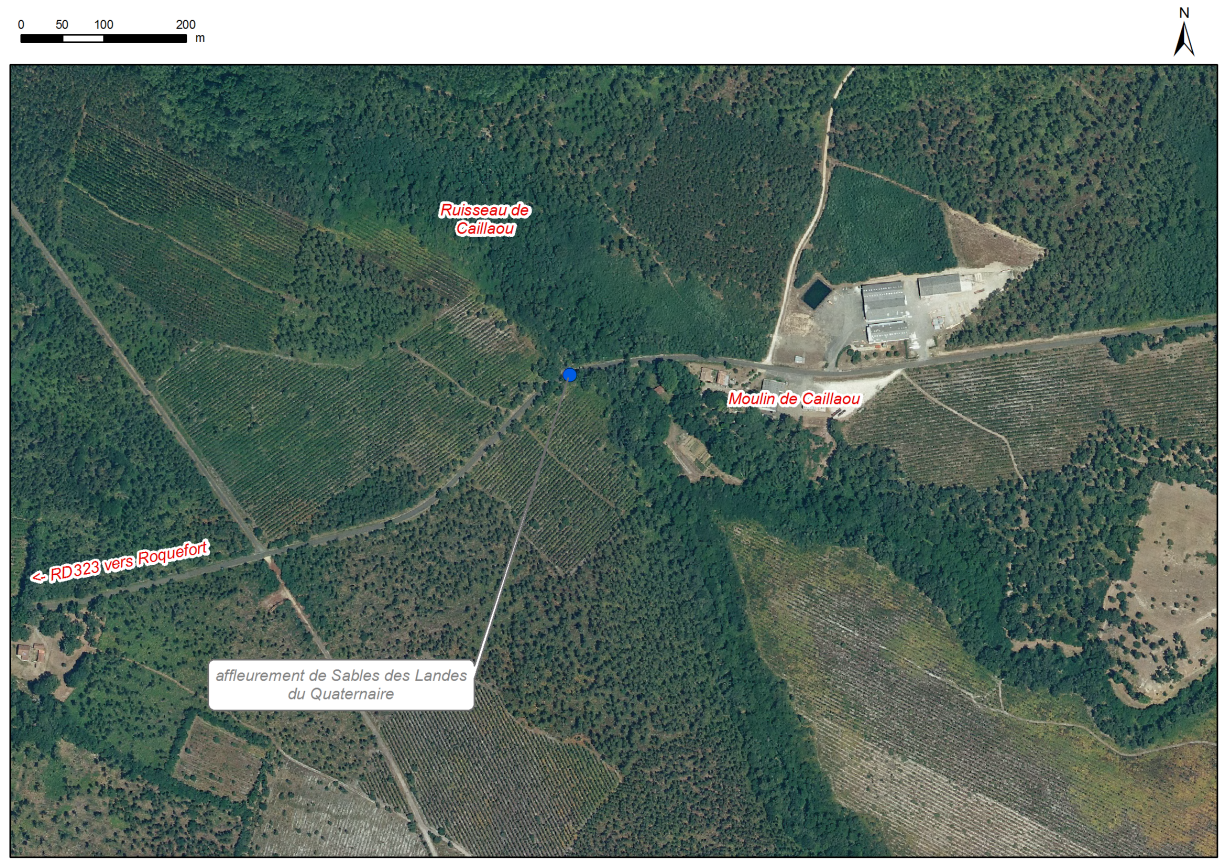Localisation des affleurements décrits pour le site "Moulin de Caillaou" (commune de Saint-Gor)