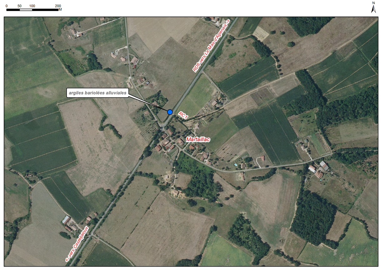 Localisation des affleurements décrits pour le site "Affleurement de Martaillac" (commune de Sainte-Gemme-Martaillac)