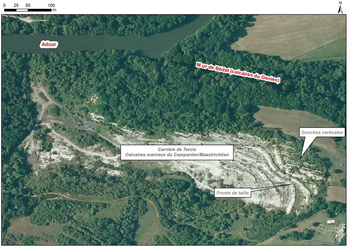 Localisation des affleurements décrits pou le site "Réserve Régionale Naturelle géologique des anciennes carrières de Tercis (commune de Tercis-les-Bains)