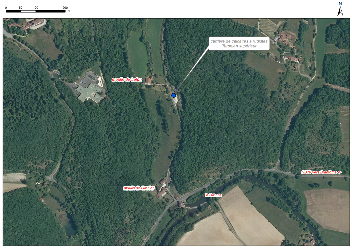 Localisation des affleurements décrits pour le site "Moulin de Lafon" (commune de Brantôme)
