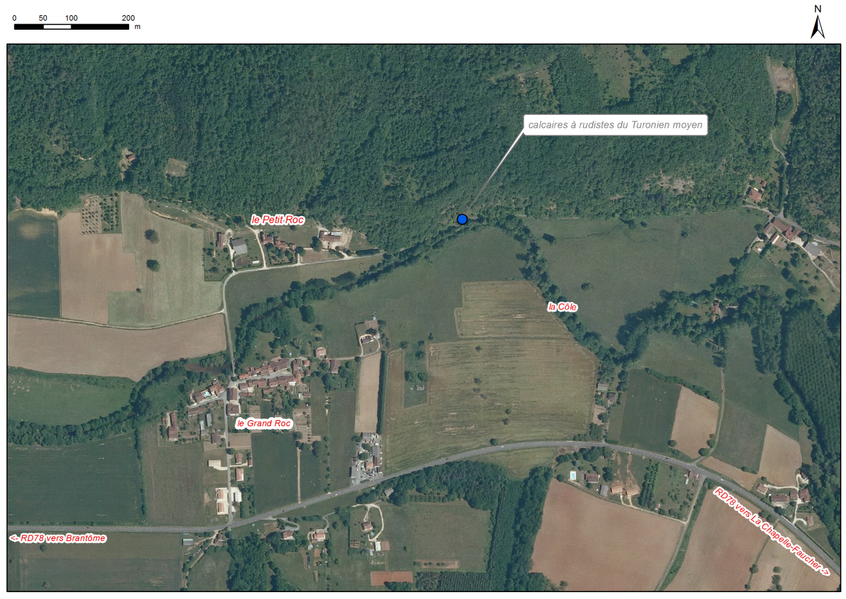 Localisation des affleurements décrits pour le site "Petit Roc" (commune de Condat-sut-Trincou)