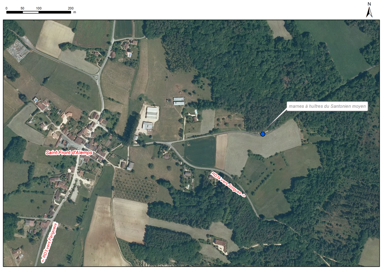 Localisation des affleurements décrits pour le site "Affleurement de marnes à huîtres" (commne de Saint-Front-d'Alemps)