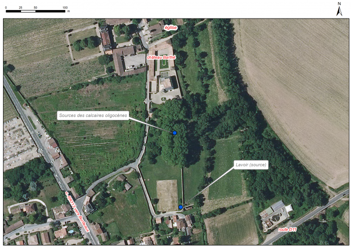 Localisation des affleurements décrits pour le site "Sources de Cérons" (commune de Cérons)